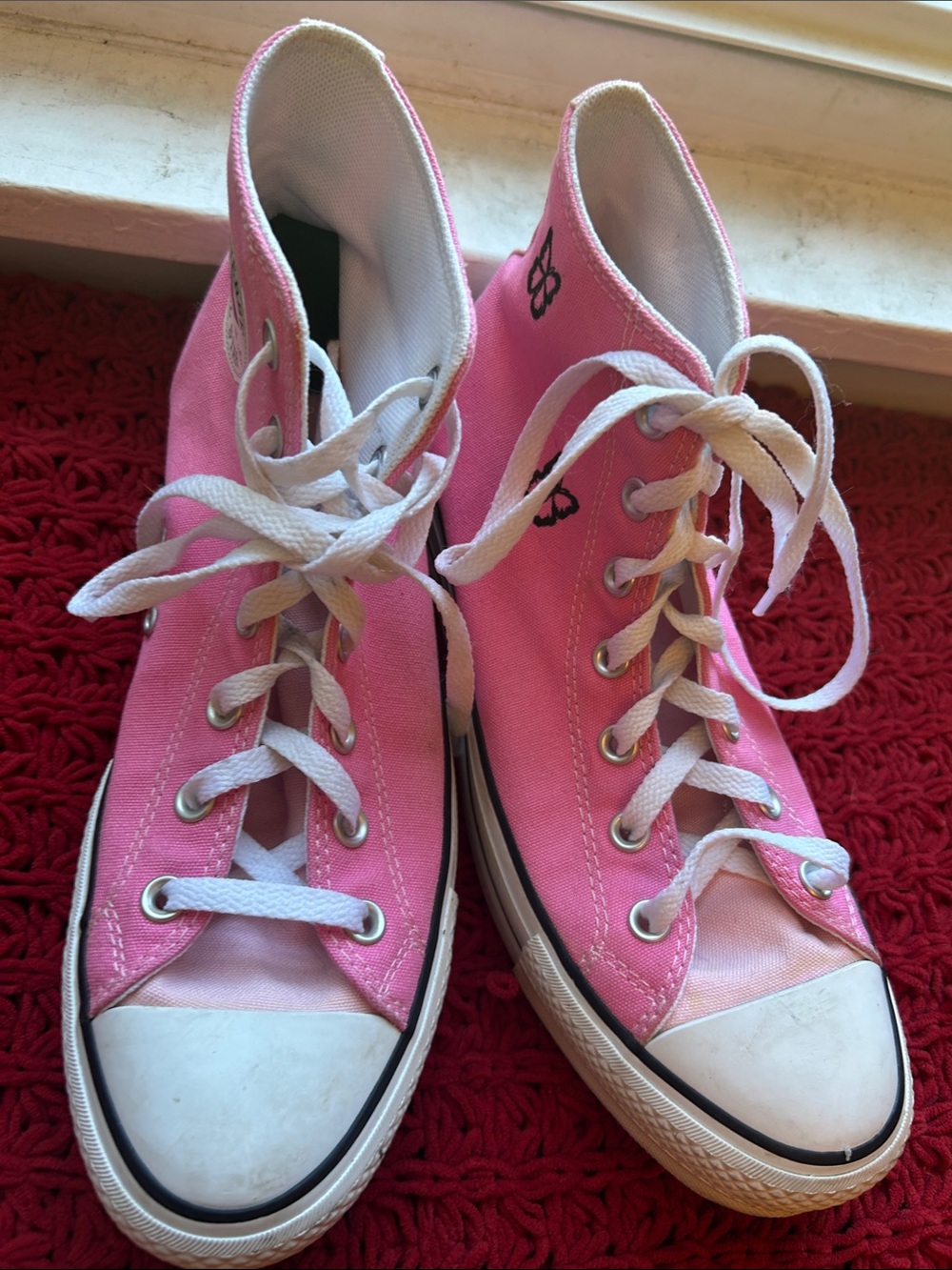 Converse Pink High-Top Canvas Sneakers with White Laces flowers and butterflies